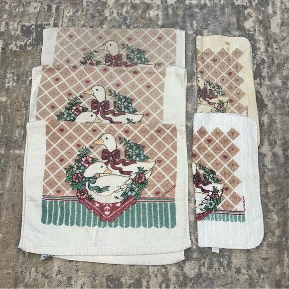 Vintage Christmas Country Geese Kitchen Towels Dishcloths Set of 5 1990s - Picture 1 of 6